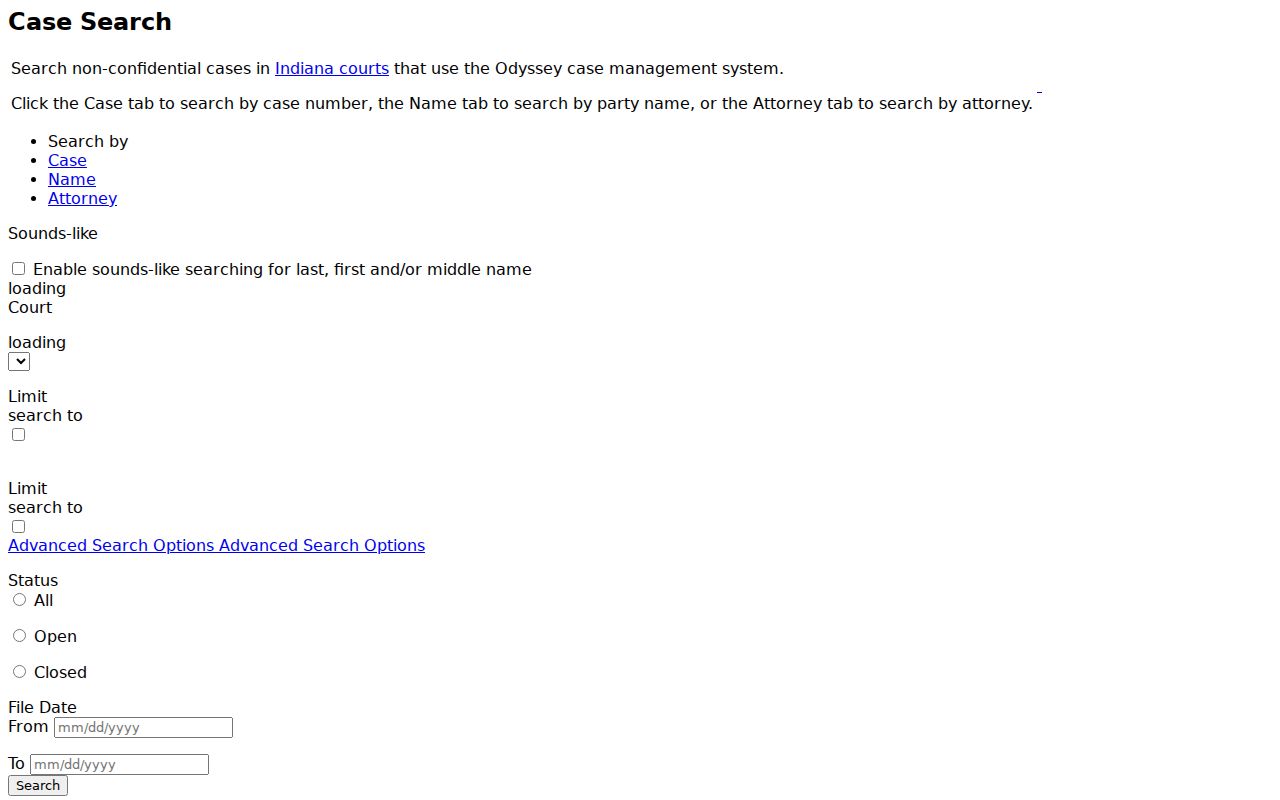 Indiana MyCase form fields for a Jasper County case search