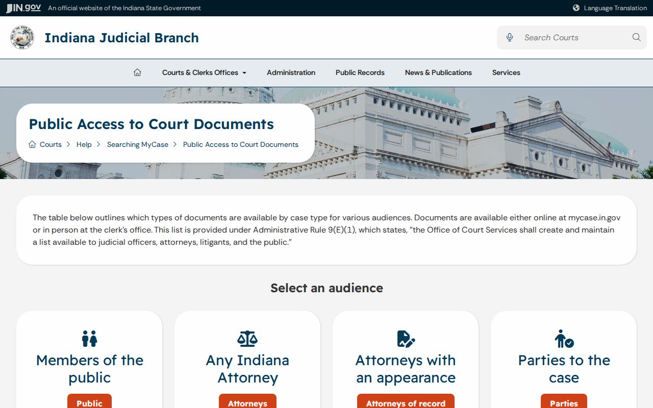 Indiana civil court document online and in-person access matrix