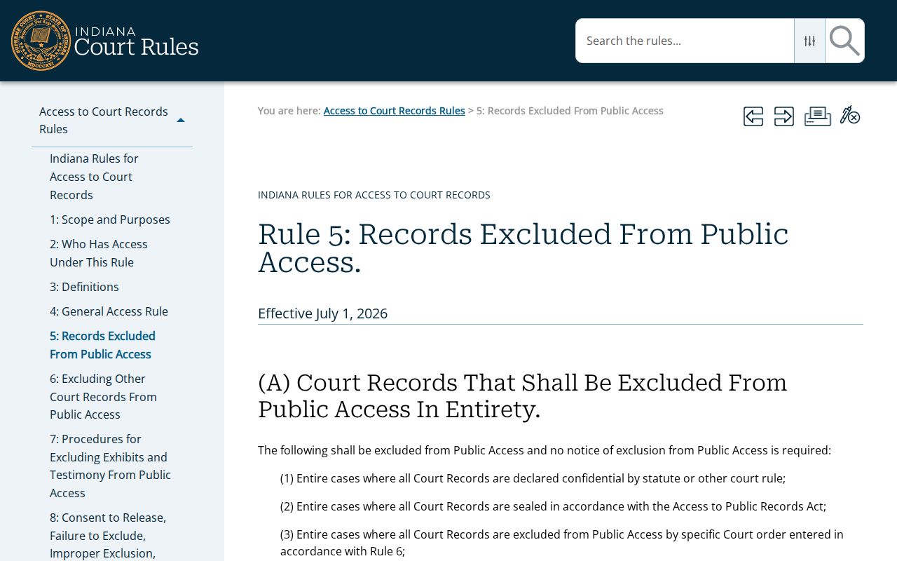 Indiana Access Rule 5 court record exclusions