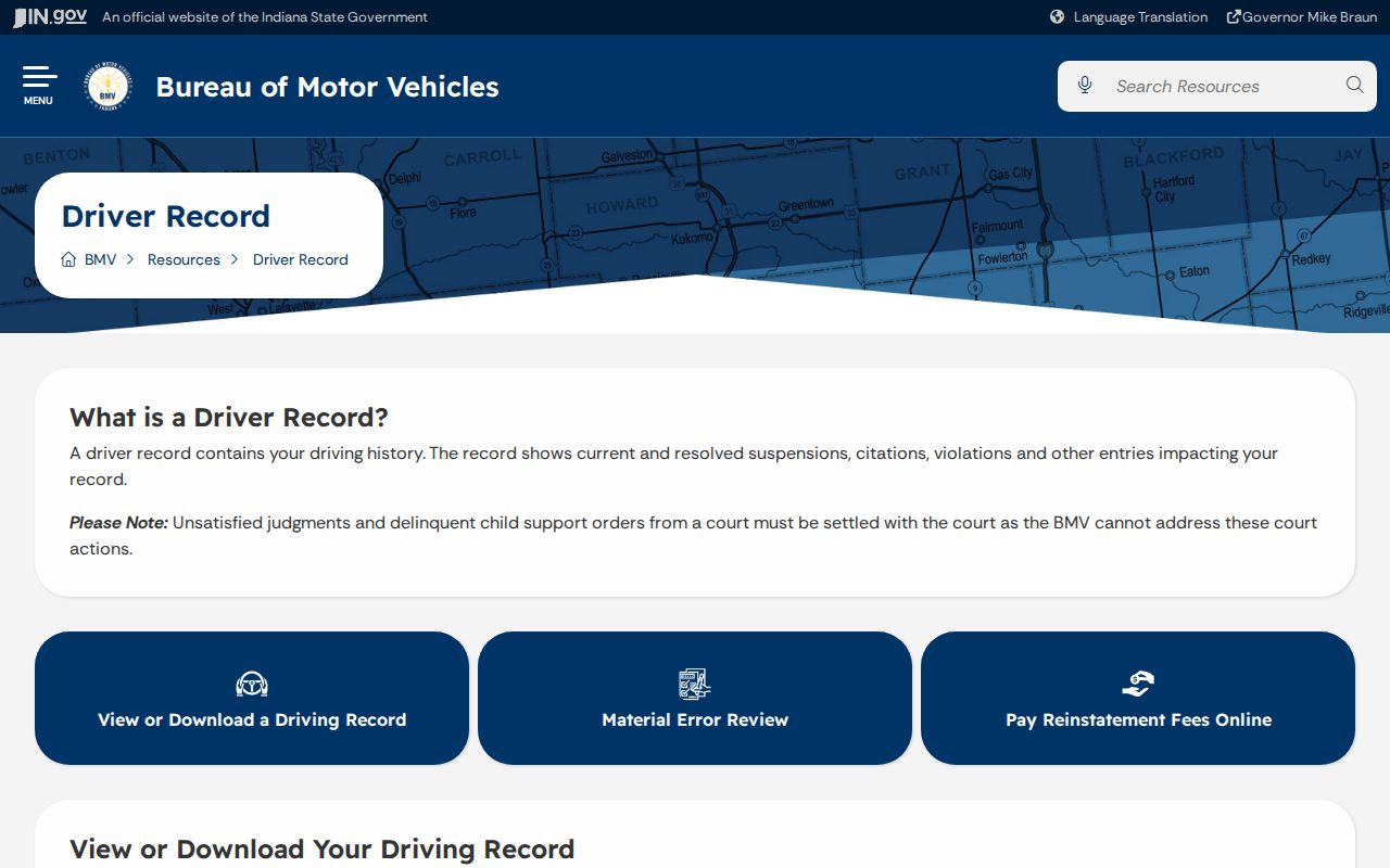 Indiana BMV driver record page distinguished from Jasper County traffic court records