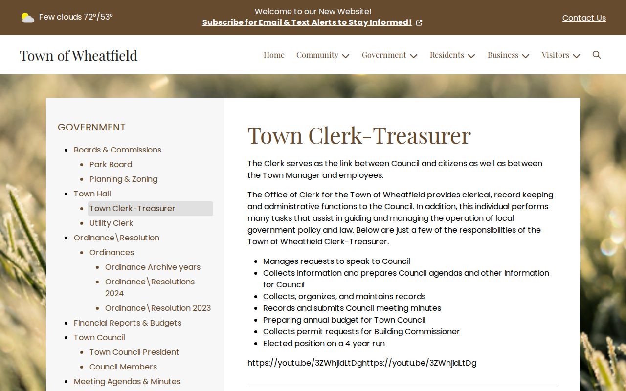 Wheatfield Town Clerk-Treasurer official duties and contact information