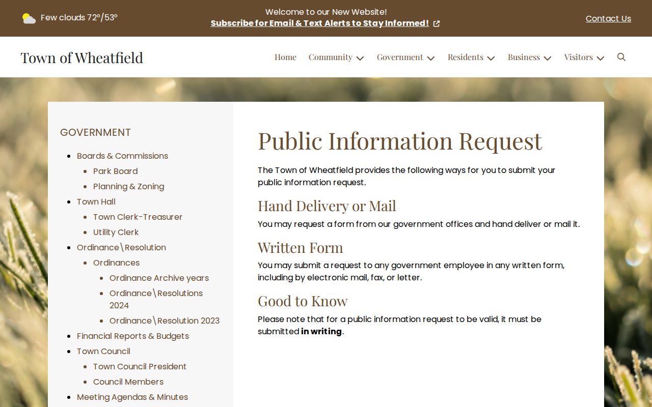Wheatfield public information request instructions and form